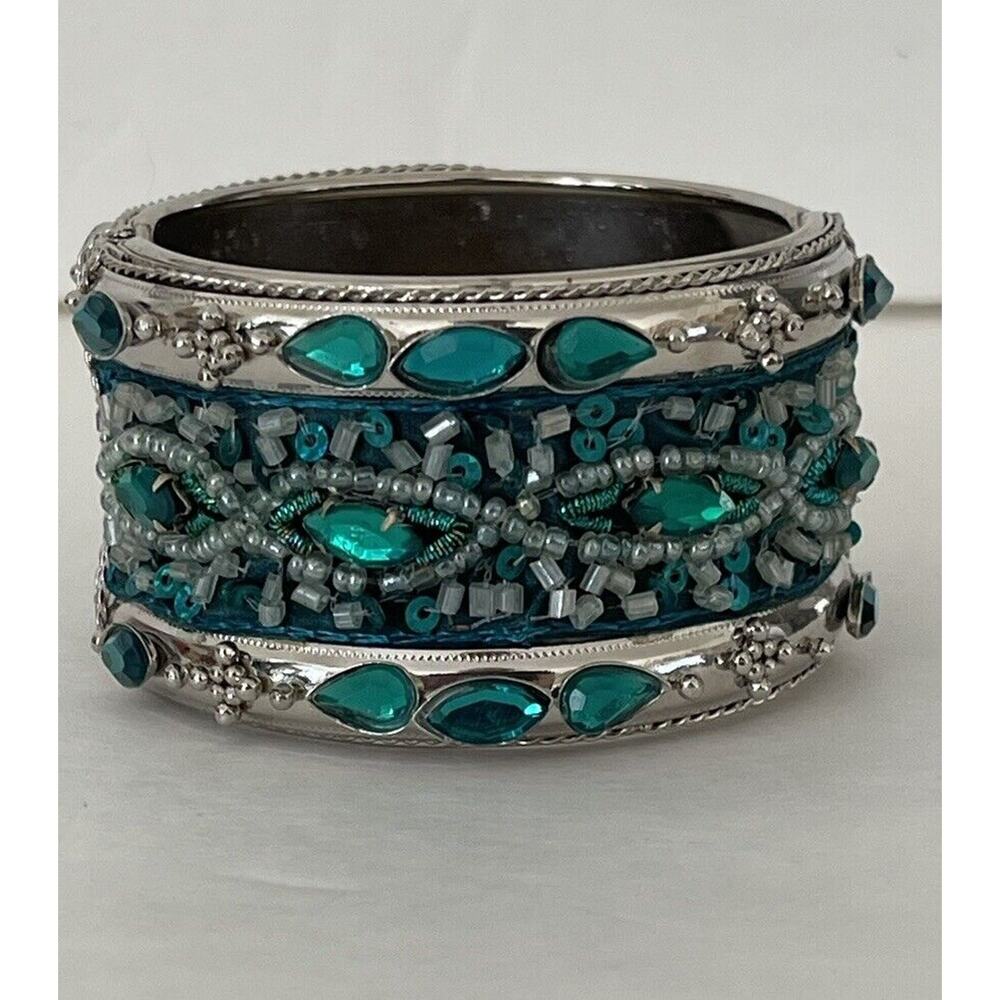 Green Rhinestone Silver Tone Cuff Bangle Bracelet Hinge Opening